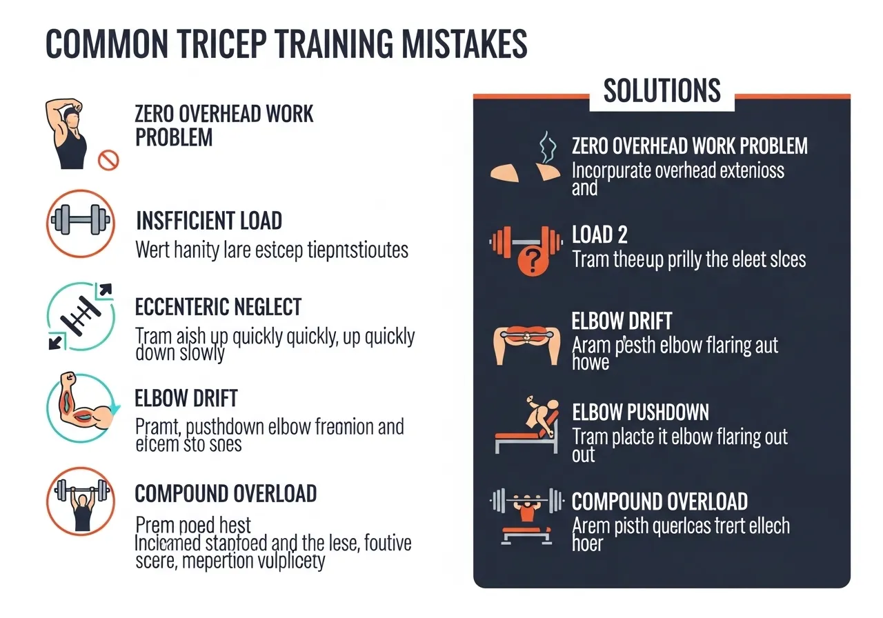 tricep training mistakes guide showing no overhead work insufficient load no eccentric control elbow drift overloading compound without isolation