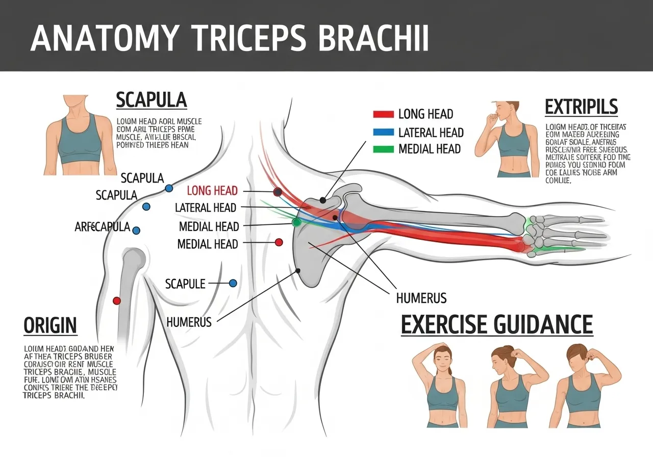 triceps brachii anatomy diagram showing three heads long head lateral head medial head origin insertion visual impact best exercise stimulus