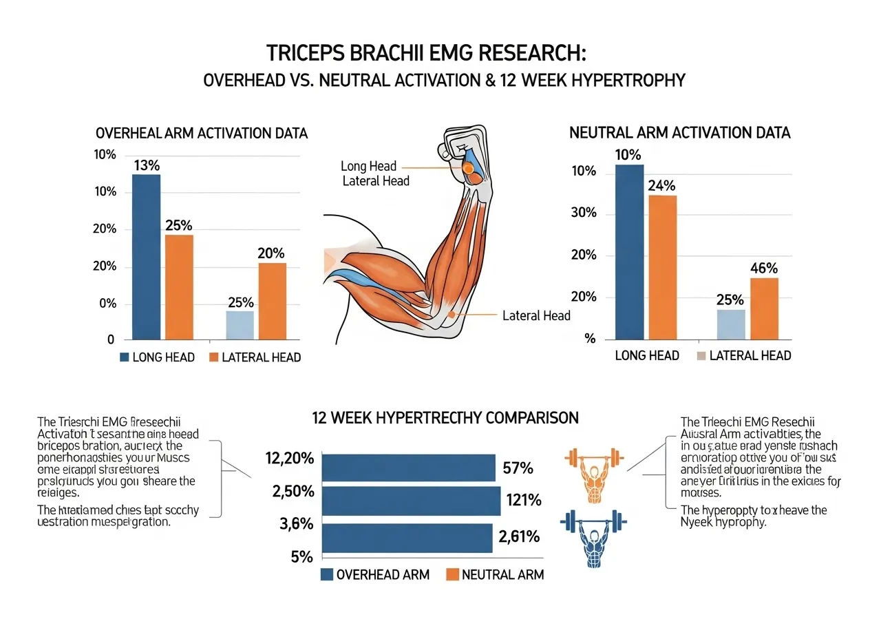 triceps EMG research infographic showing long head lateral head activation comparison overhead versus neutral arm position pushdown research findings