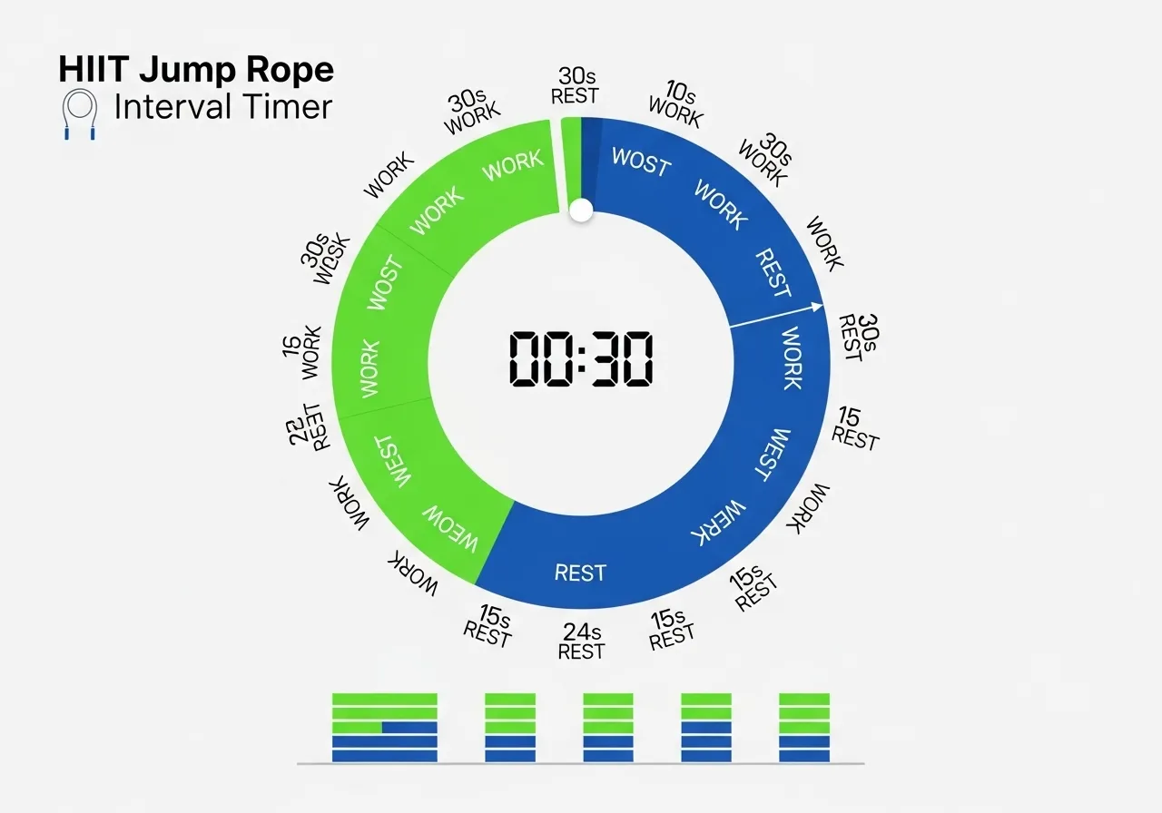 visual timer diagram showing HIIT jump rope interval structure, work rest periods clearly marked, modern fitness app style design, clean typography