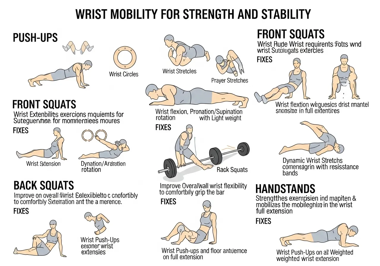 wrist mobility exercise prescription guide showing push-up front squat back squat handstand specific requirements daily drills
