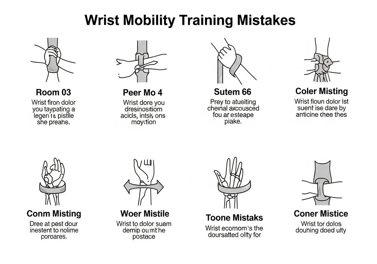 wrist mobility mistakes guide showing stretch only no loading ignoring asymmetry permanent wrap reliance rushing progression corrections
