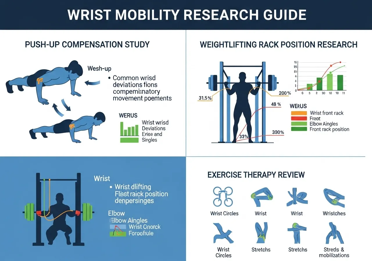 wrist mobility research infographic showing push-up biomechanics altered mechanics weightlifting rack position exercise therapy loading evidence