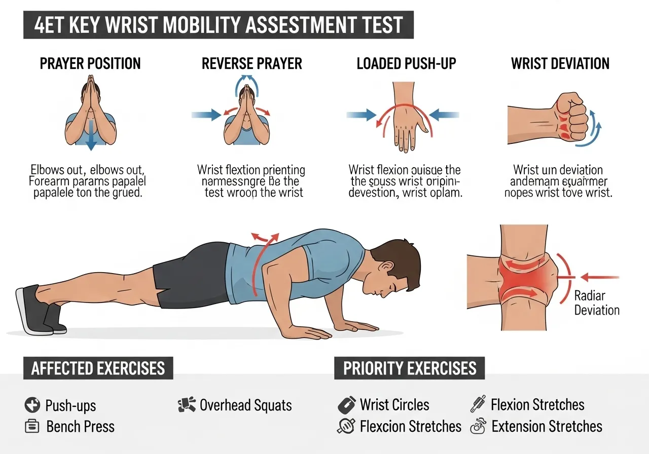 wrist restriction assessment table showing extension flexion loaded extension ulnar radial deviation exercises affected priority level