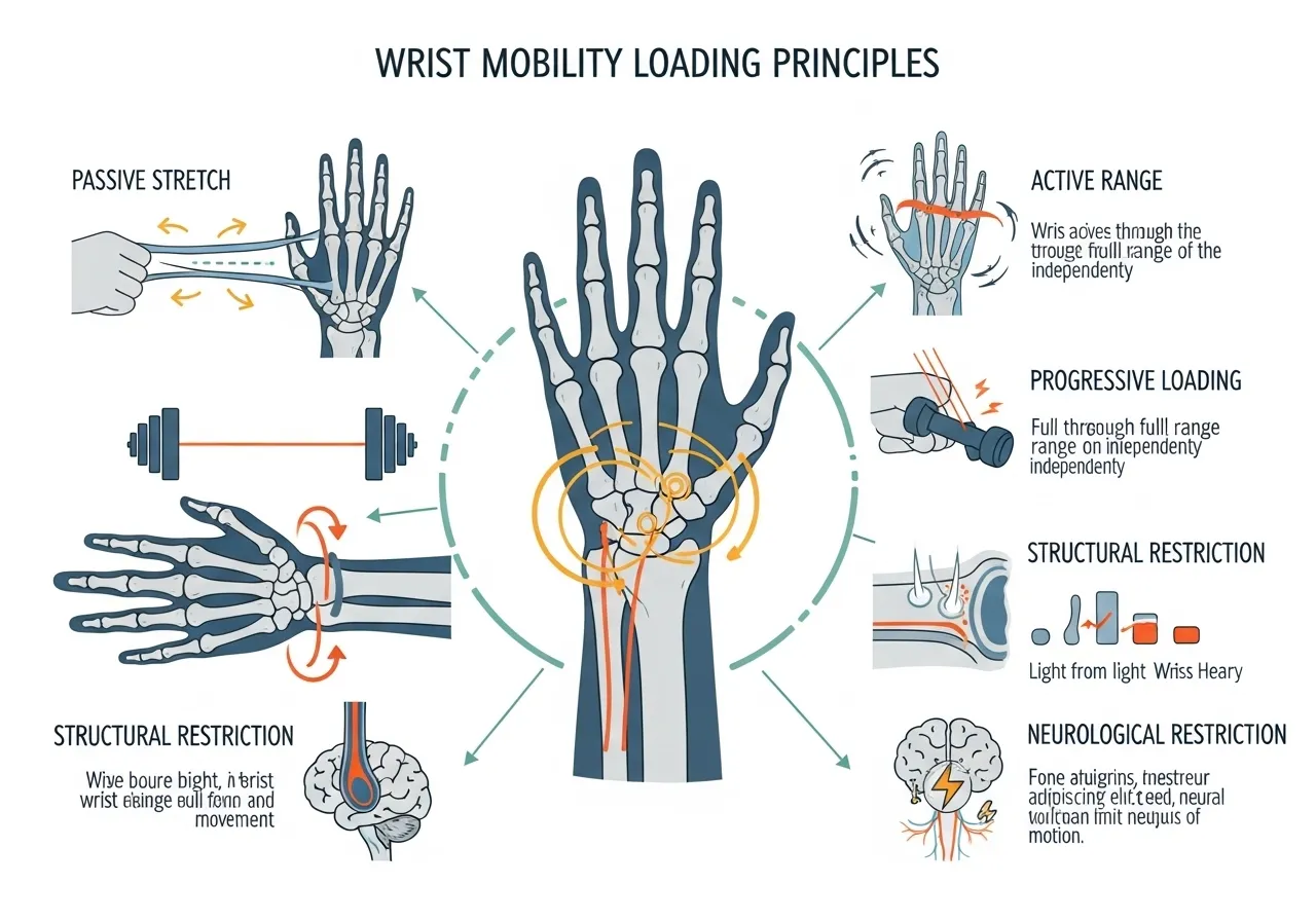 wrist stretching versus loading comparison infographic showing passive stretch temporary gain active loading structural adaptation timeline