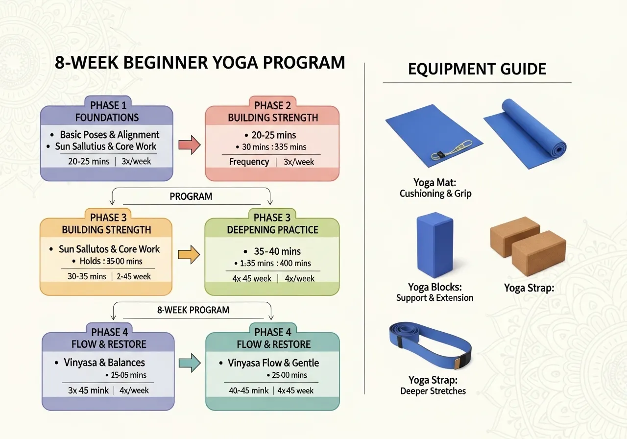 yoga 8-week beginner program weeks 1-2 3-4 5-6 7-8 equipment mat blocks strap