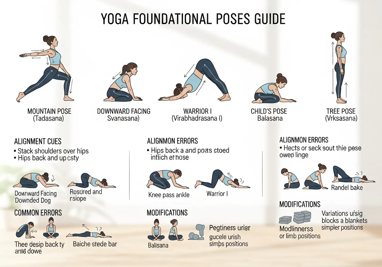 yoga foundational poses mountain downward dog warrior I child tree alignment cues