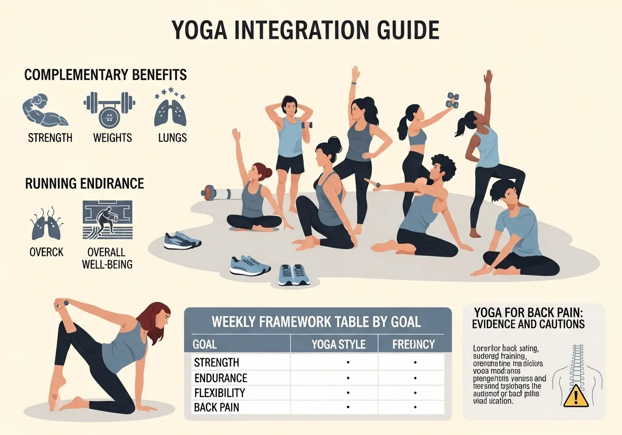 yoga integration strength training cardio running back pain weekly framework table
