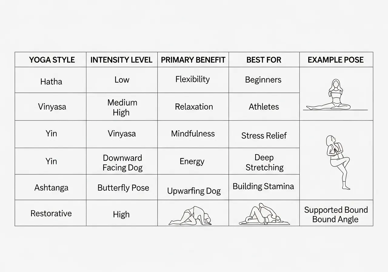 yoga styles comparison Hatha Vinyasa Yin Ashtanga Restorative intensity benefits table