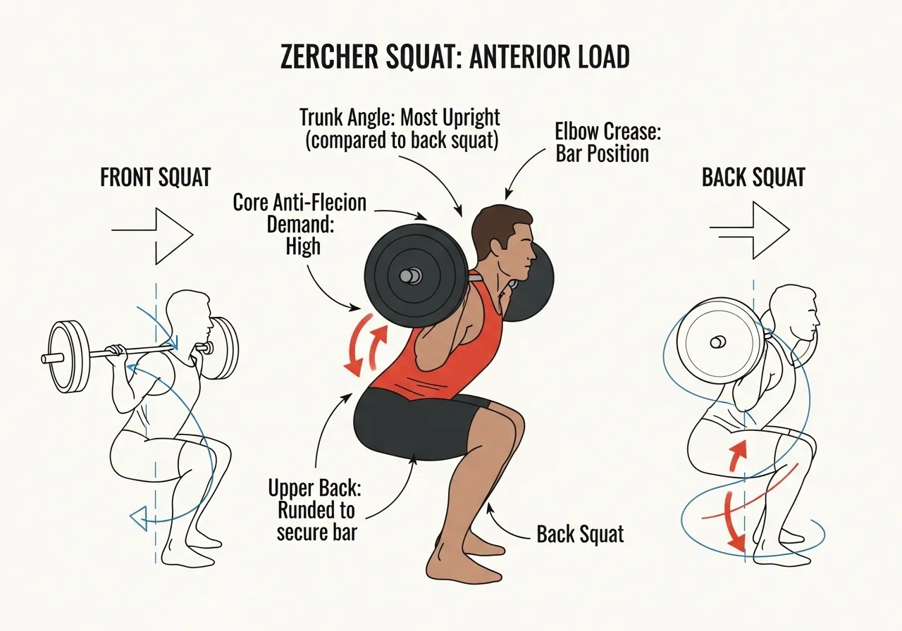 Zercher squat biomechanics anterior load trunk angle core anti-flexion upper back demand bar position science