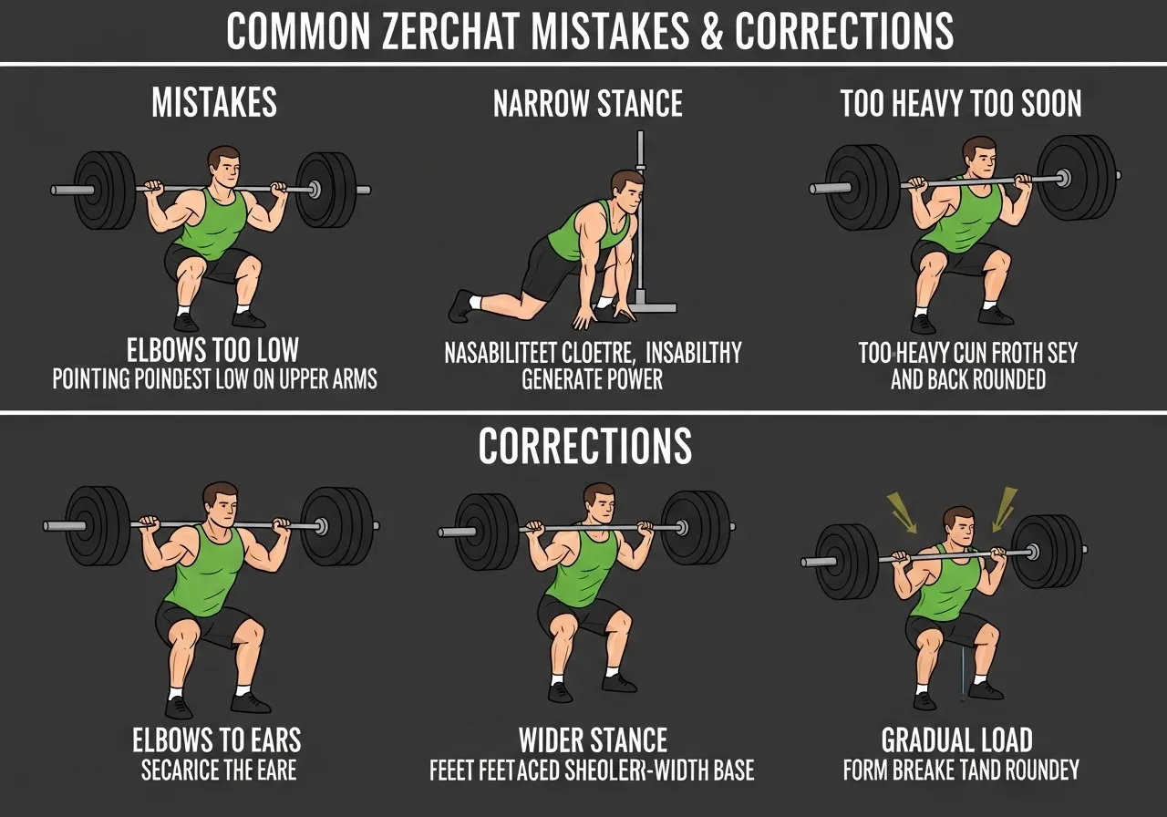 Zercher squat mistakes elbows too low narrow stance too heavy too soon corrections fixes