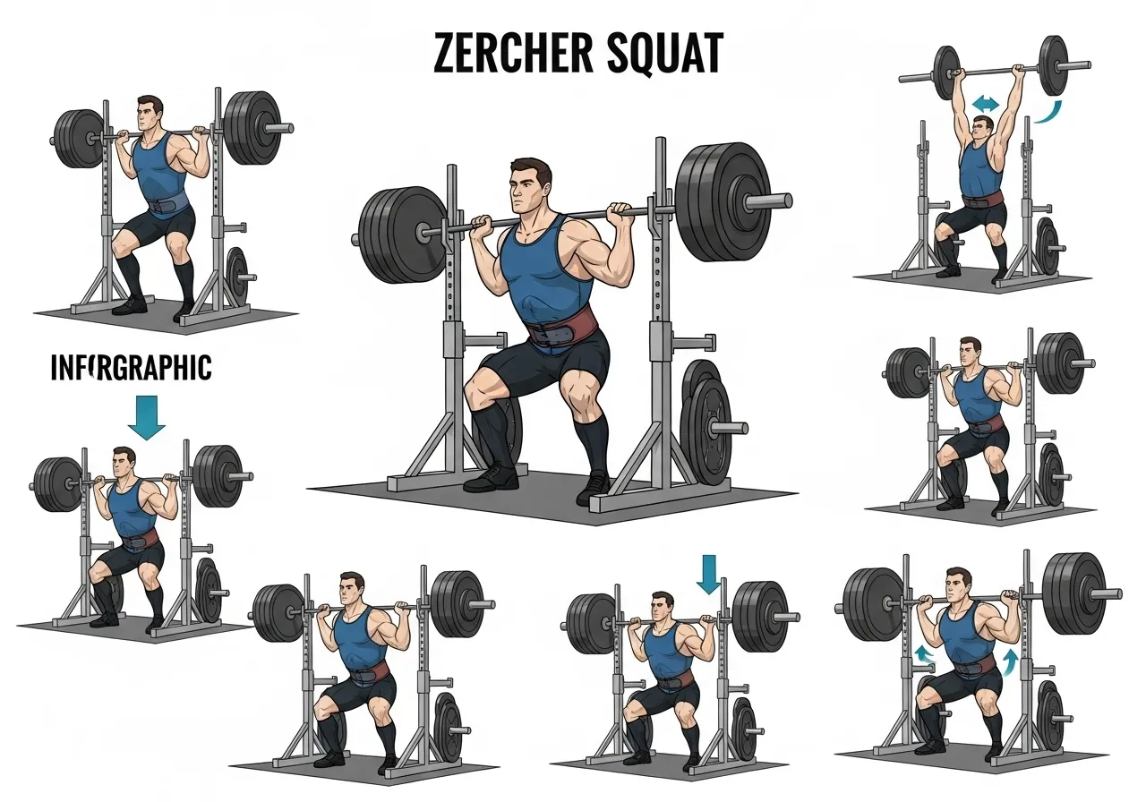 Zercher squat technique rack height elbow position foot stance descent ascent elbows high cue