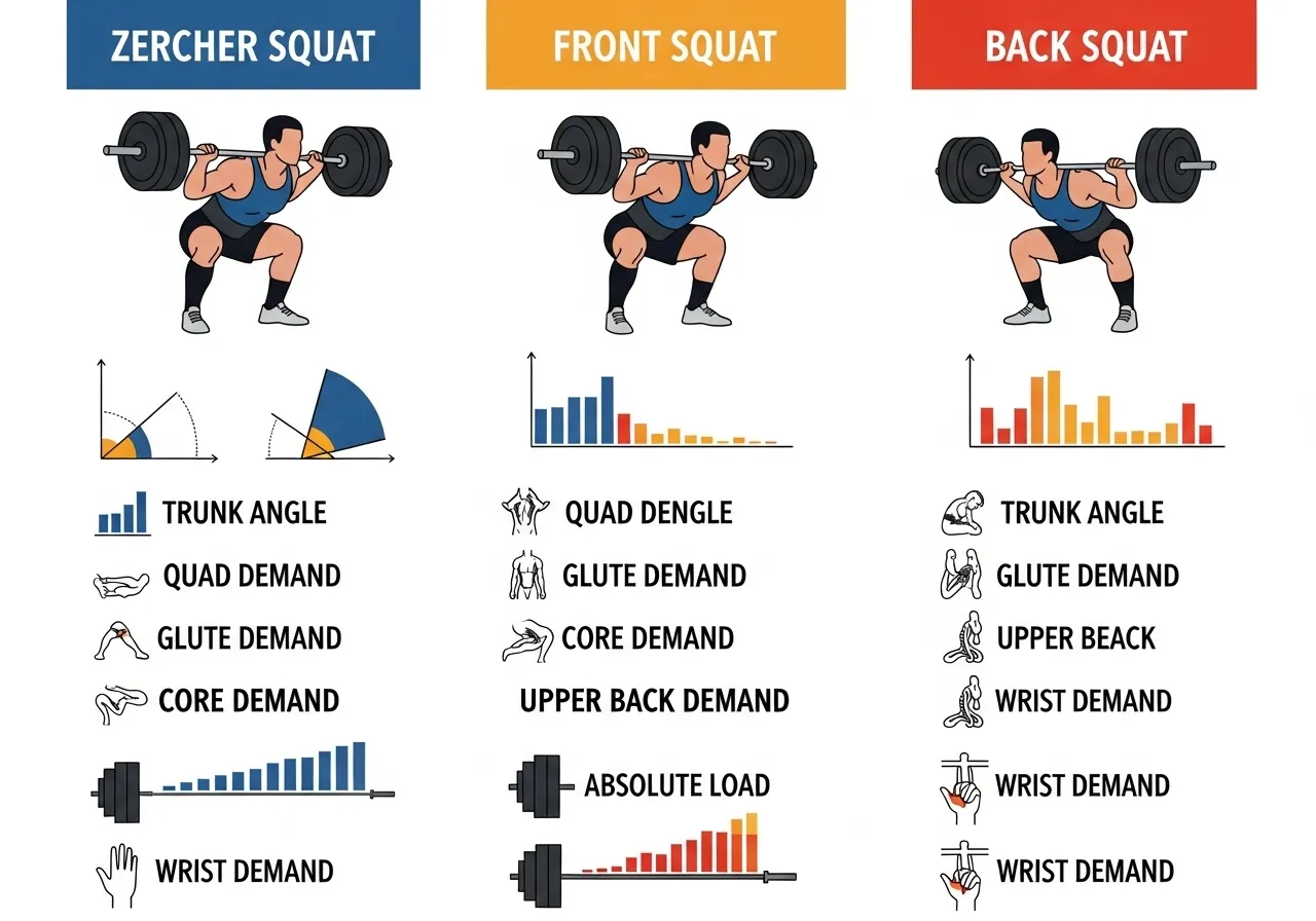 Zercher vs front squat vs back squat EMG comparison table quad glute activation trunk angle load capacity