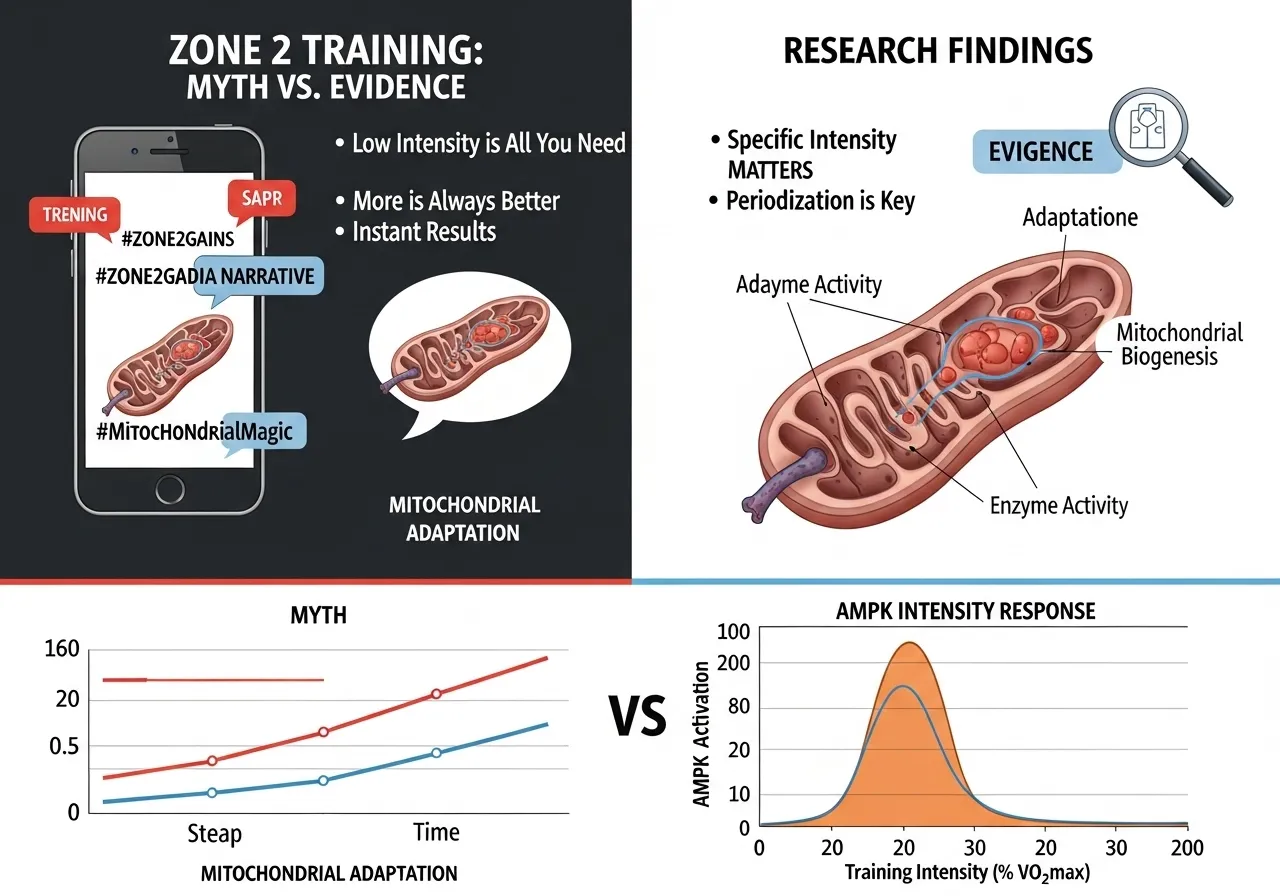 zone 2 training myth vs research infographic showing social media claims versus narrative review findings mitochondrial signalling AMPK PGC1-alpha intensity comparison