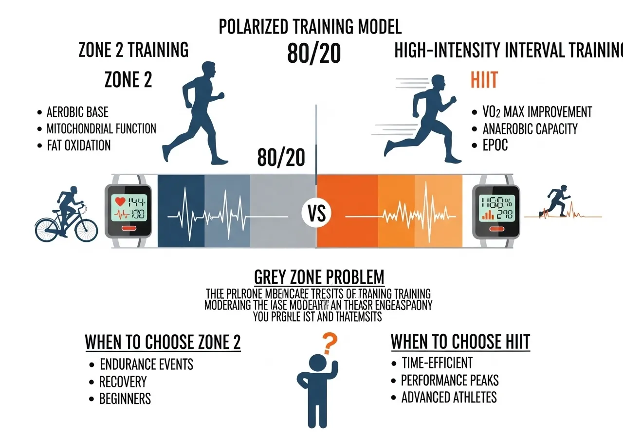 zone 2 versus HIIT training comparison table showing situation recommended intensity and reason including grey zone problem polarised training model